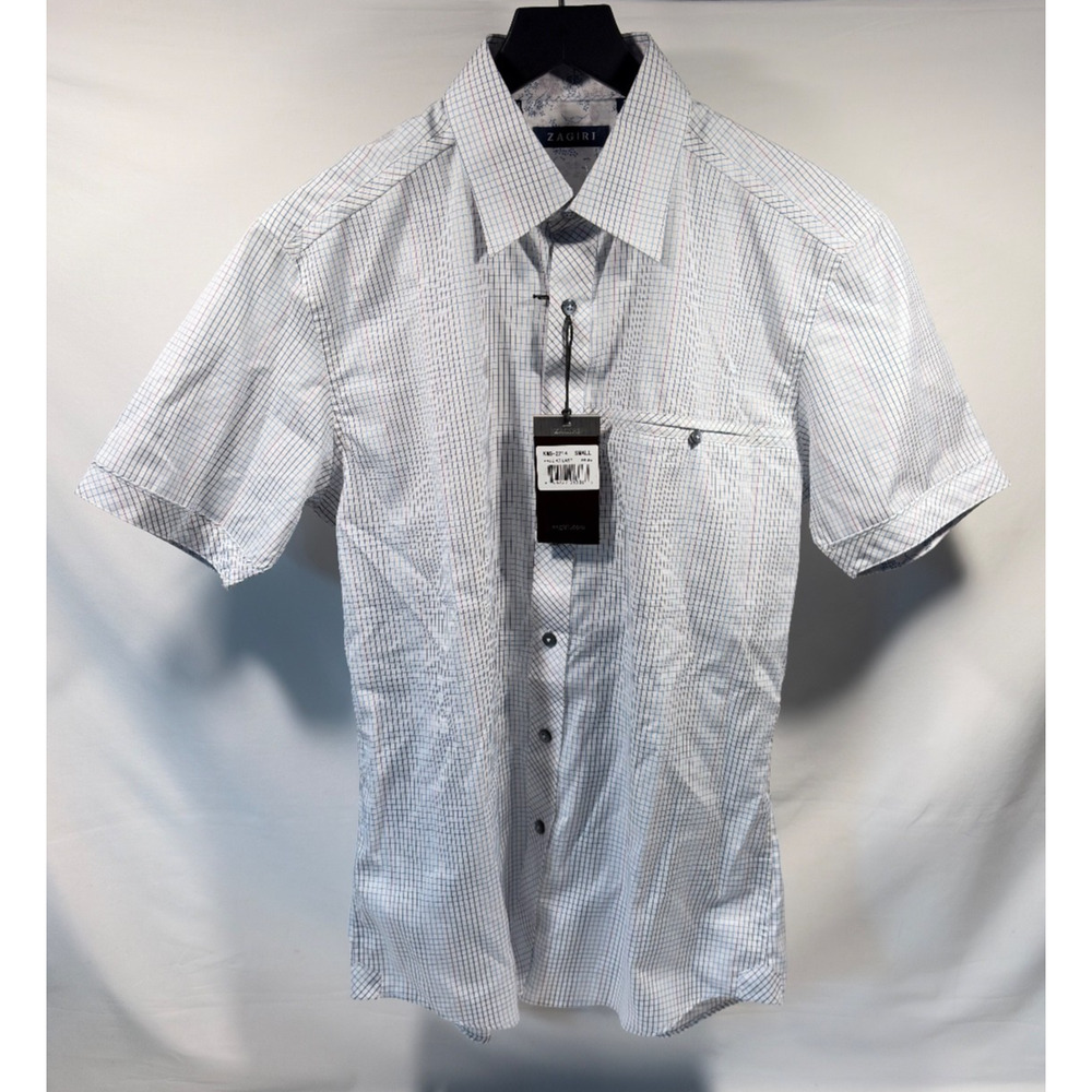 Zagiri Men's Button Shirt Small - Free At Last - Short Sleeve White Blue Plaid